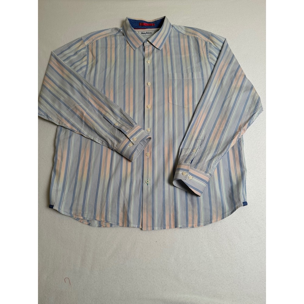 Tommy Bahama Mens XL Striped Button Down Shirt Blue Orange Long Sleeve Pocket